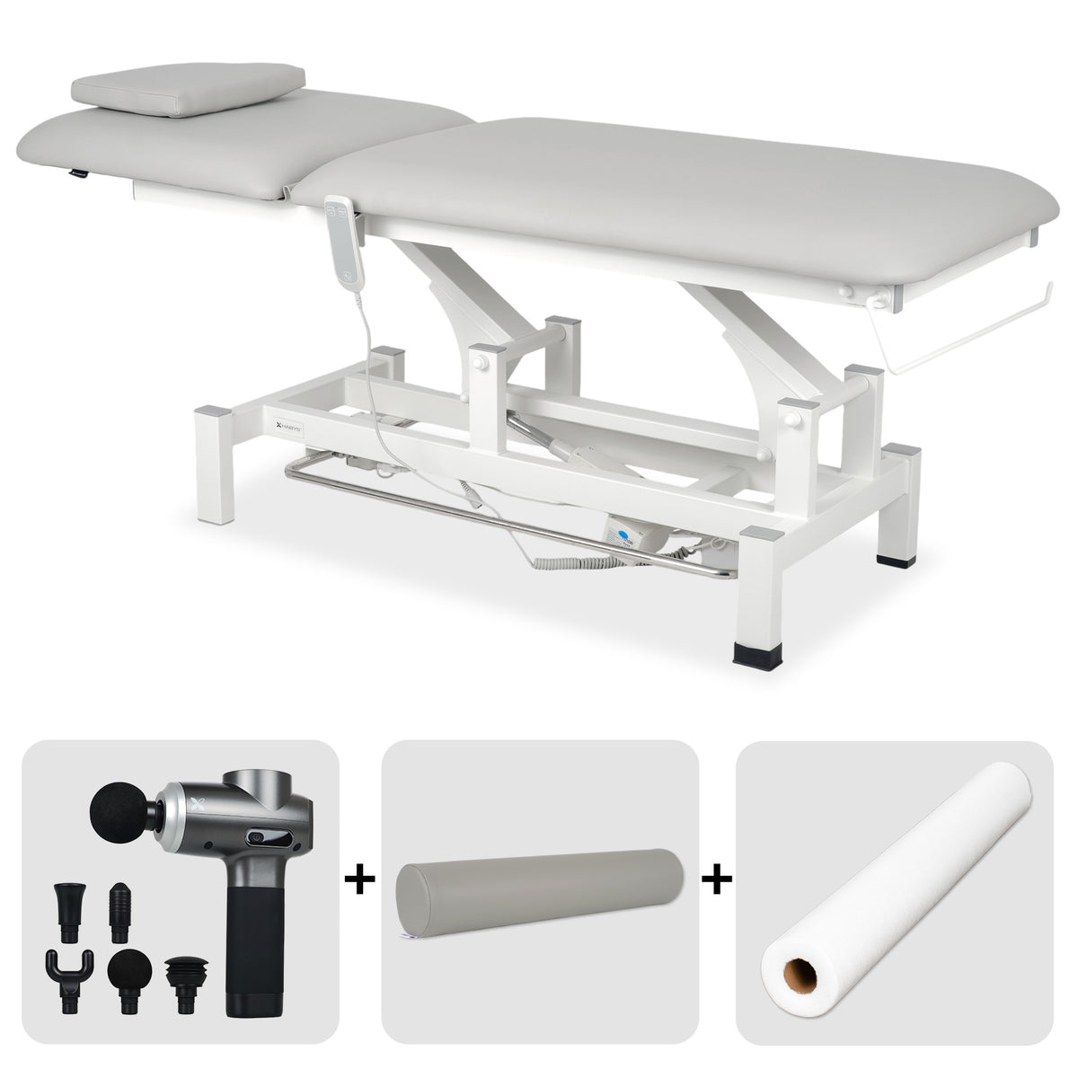 Set Therapieliege Elektrisch Fortis 2 + Massagepistole Dynamic Pro + Vollrolle 15x60 + Vliesstoff-Unterlage auf Rolle