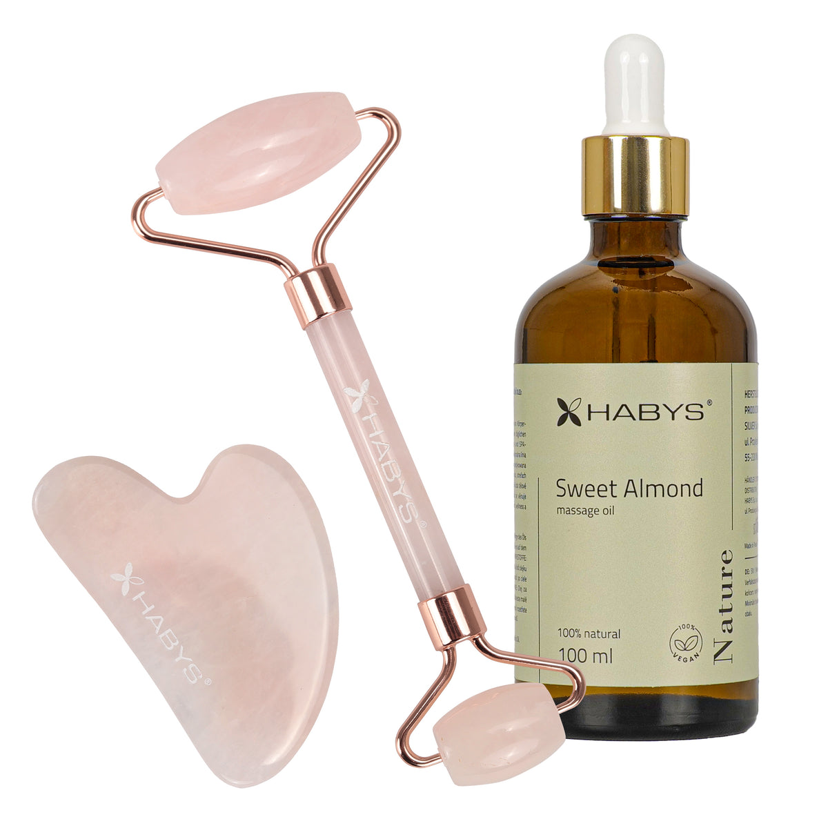 Gesichts-Massage-Set HABYS | Gua-Sha-Stein + | Roller aus Rosenquarz + | natürliches Mandelöl 100 ml