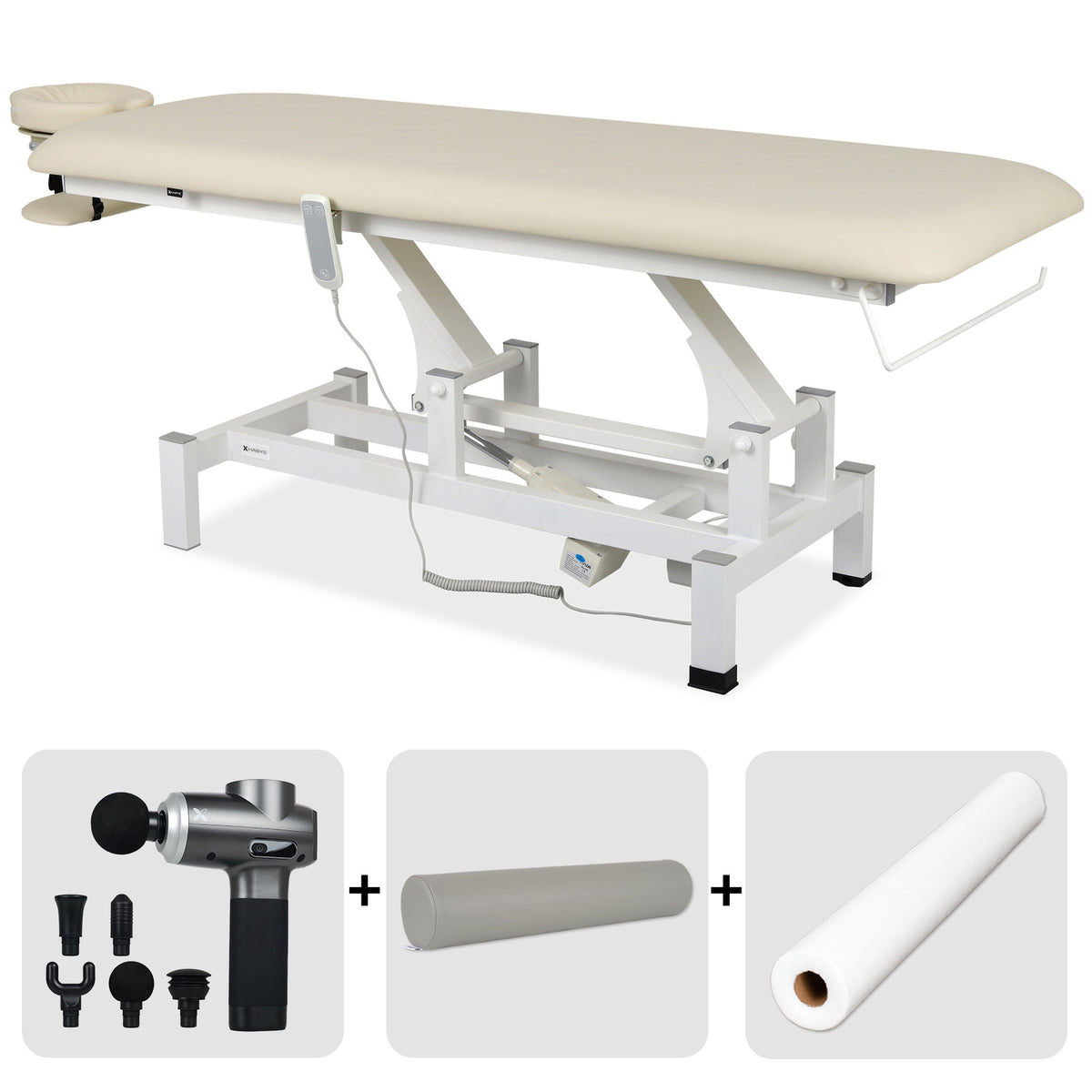 Set Therapieliege Elektrisch Fortis 1  + Massagepistole Dynamic Pro + Vollrolle 15x60 + Vliesstoff-Unterlage auf Rolle