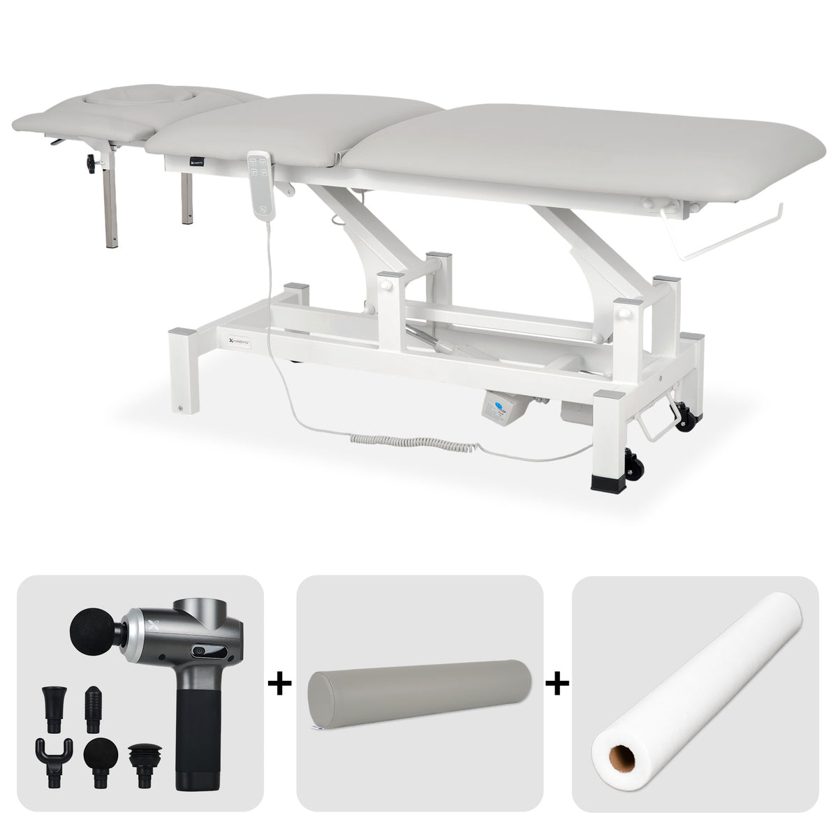 Set Therapieliege Elektrisch Fortis 5 Ergo + Massagepistole Dynamic Pro + Vollrolle 15x60 + Vliesstoff-Unterlage auf Rolle