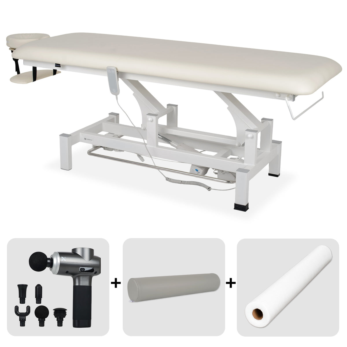Set Therapieliege Elektrisch Fortis 1 + Massagepistole Dynamic Pro + Vollrolle 15x60 + Vliesstoff-Unterlage auf Rolle