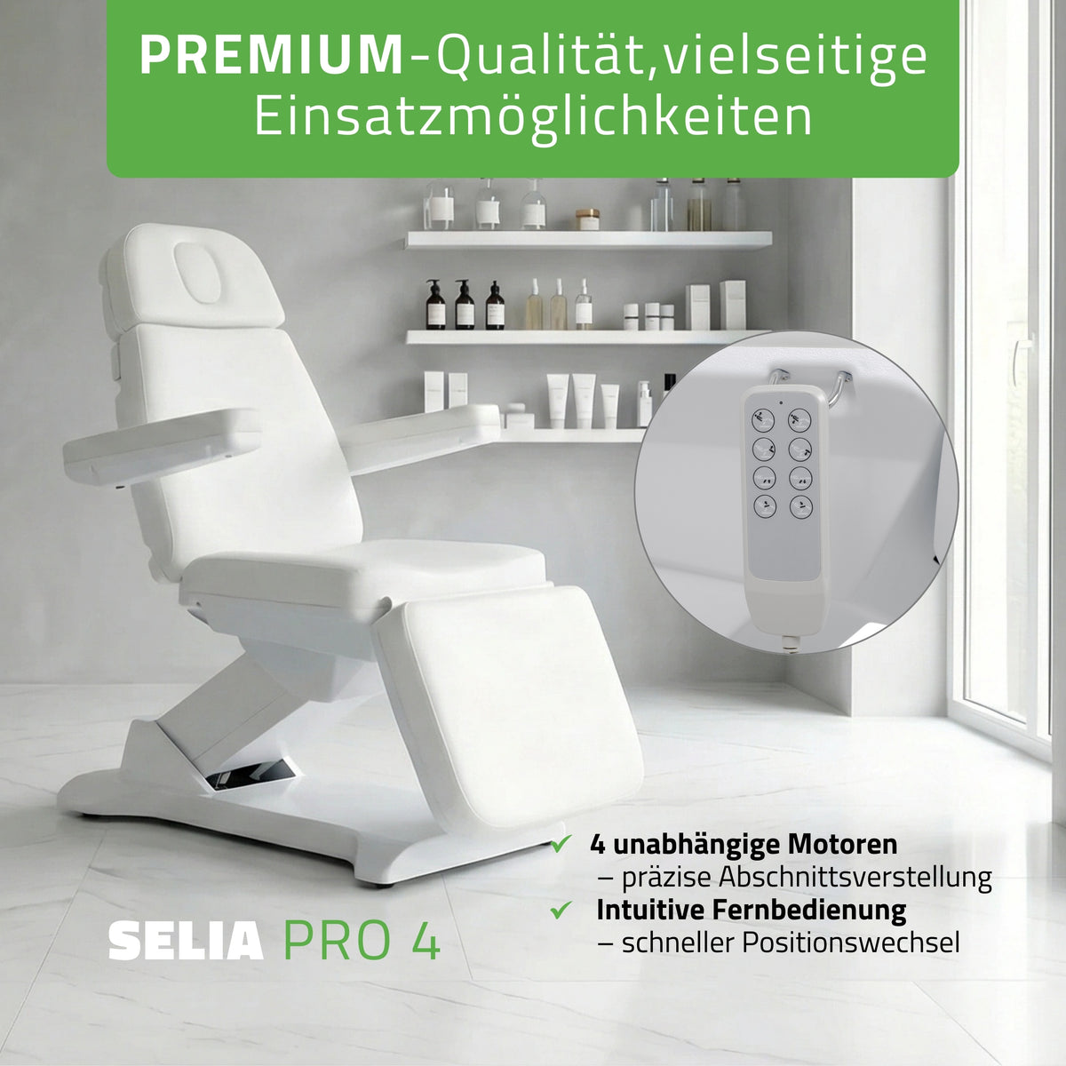 Kosmetikliege Elektrisch | Selia PRO 4 | Kosmetiksessel mit elektrischer Verstellung | Handfernbedienung