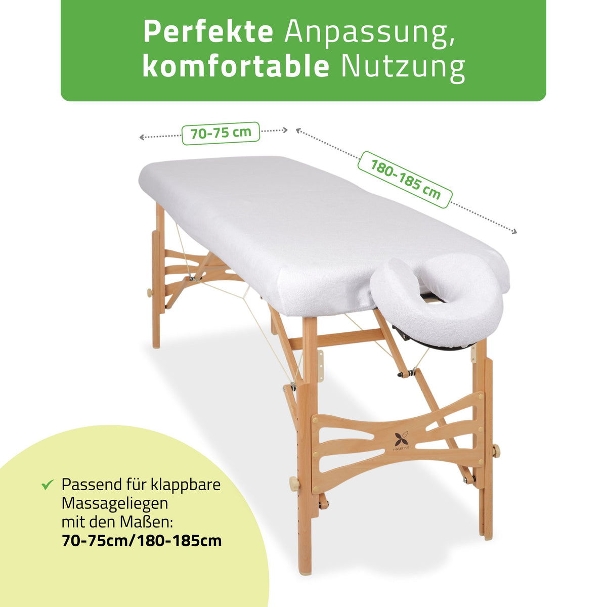 Set | Einteiliges Frottee Spannlaken für klappbare Massageliegen 70-75/180-185 | + Frottee-Bezug für die Kopfstütze