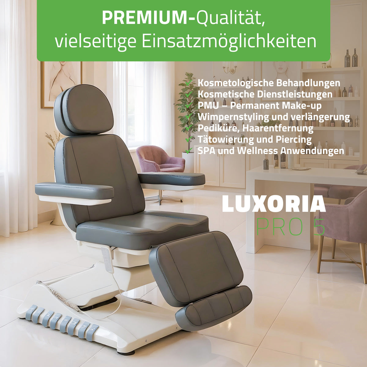 Kosmetikliege Elektrisch | Luxoria PRO 5 | Kosmetiksessel mit elektrischer Verstellung | Grau