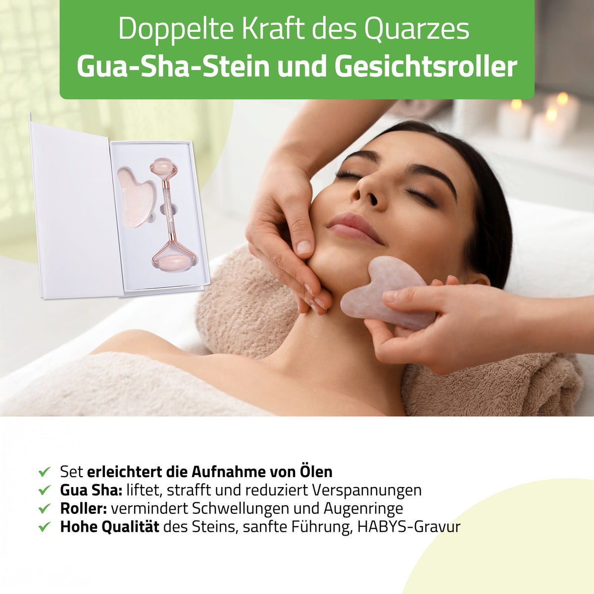 Gesichts-Massage-Set HABYS | Gua-Sha-Stein + |  Roller aus Rosenquarz + | natürliches Mandelöl 100 ml